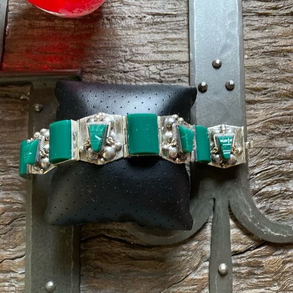 VINTAGE MEXICO JADE GLASS STERLING SILVER BRACELET - Picture 2 of 12
